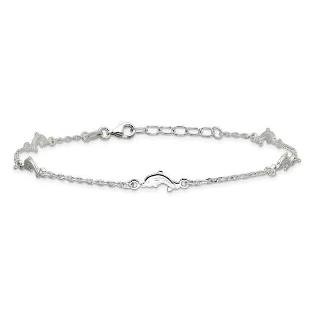 A silver-toned bracelet with dolphin charms spaced evenly along a delicate chain, featuring a lobster clasp and adjustable link closure.