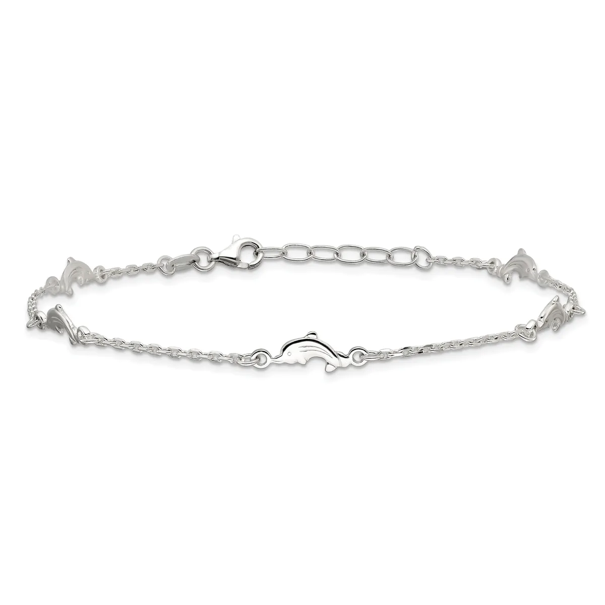 A silver-toned bracelet with dolphin charms spaced evenly along a delicate chain, featuring a lobster clasp and adjustable link closure.