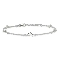 A silver-toned bracelet with dolphin charms spaced evenly along a delicate chain, featuring a lobster clasp and adjustable link closure.
