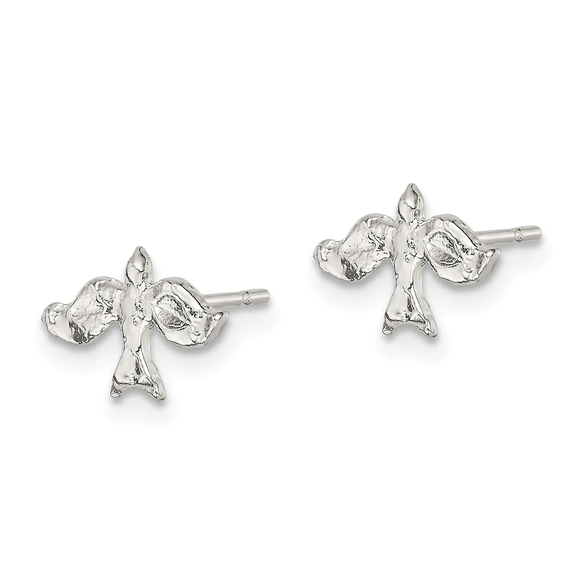 A pair of silver cross-shaped stud earrings with textured surfaces and small posts, displayed side by side against a white background.