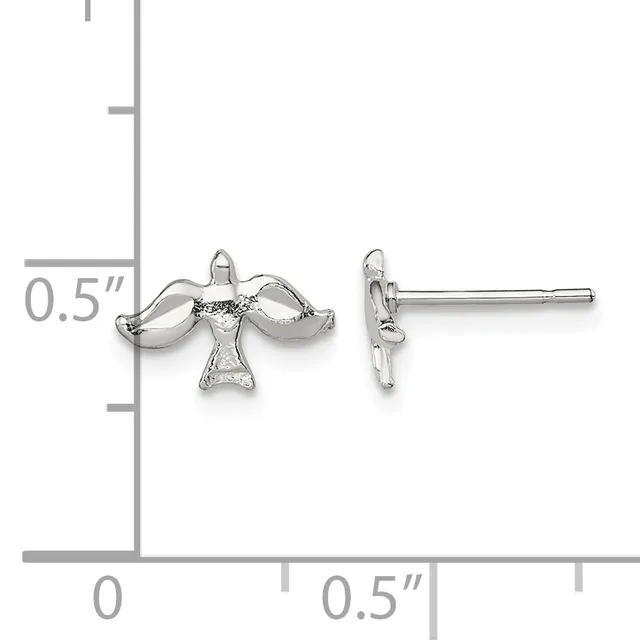 Silver bird stud earrings shown from front and side view with a ruler indicating approximately 0.5 inches in width.