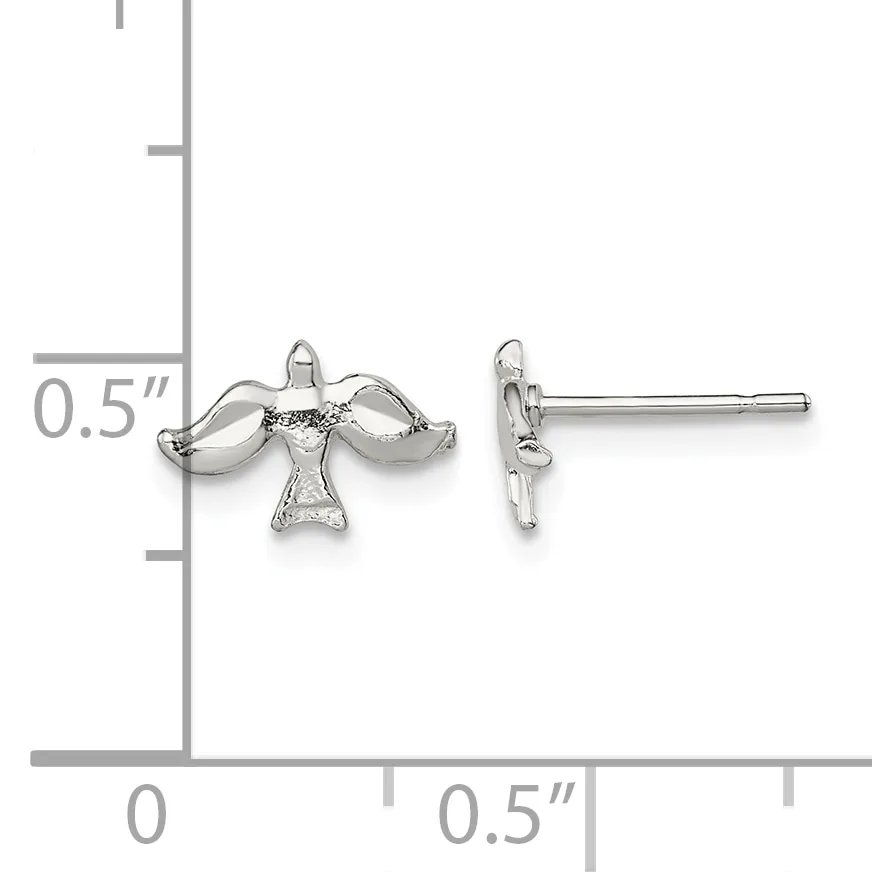 Silver bird stud earrings shown from front and side view with a ruler indicating approximately 0.5 inches in width.