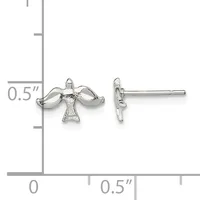 Silver bird stud earrings shown from front and side view with a ruler indicating approximately 0.5 inches in width.