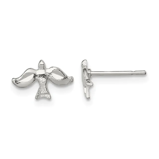 A pair of silver stud earrings shaped like birds with outstretched wings, shown from front and side views.