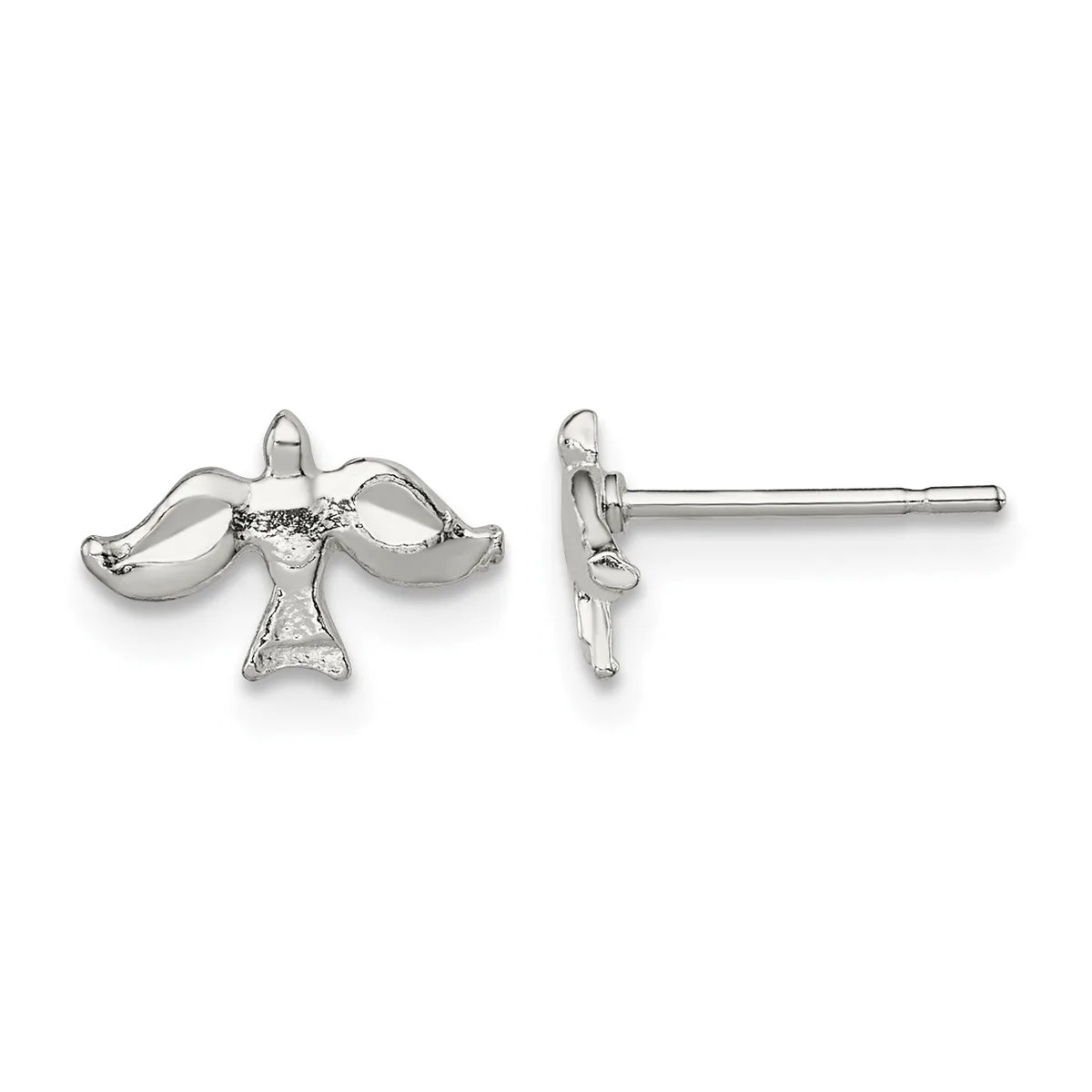 A pair of silver stud earrings shaped like birds with outstretched wings, shown from front and side views.