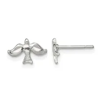 A pair of silver stud earrings shaped like birds with outstretched wings, shown from front and side views.