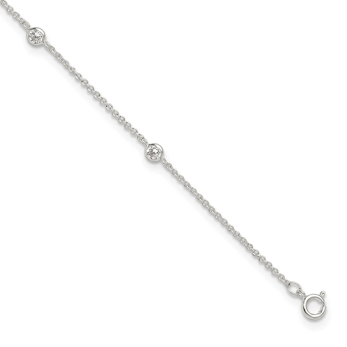Silver chain bracelet with two round diamond stations and a spring ring clasp, displayed diagonally against a white background.