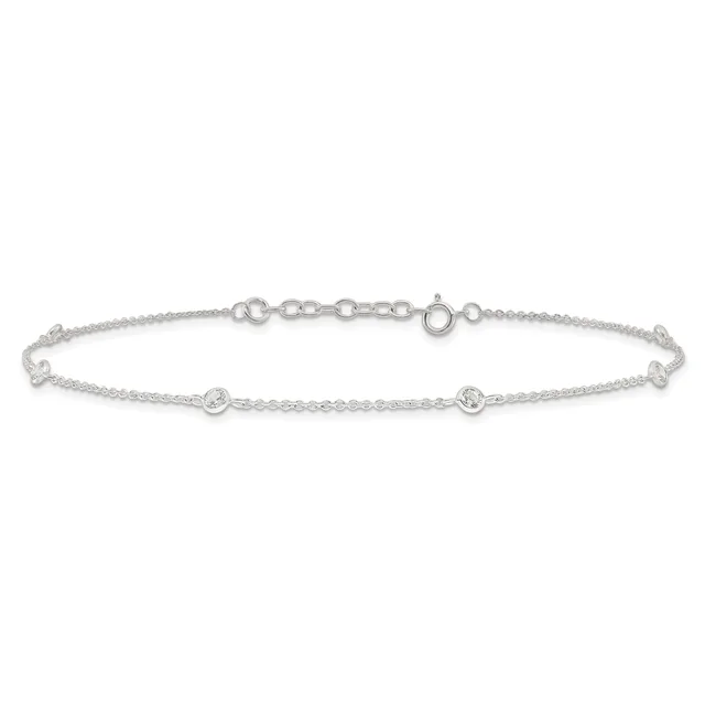 A delicate silver bracelet with a thin chain featuring three round bezel-set cubic zirconia stones evenly spaced along its length, shown against a white background.