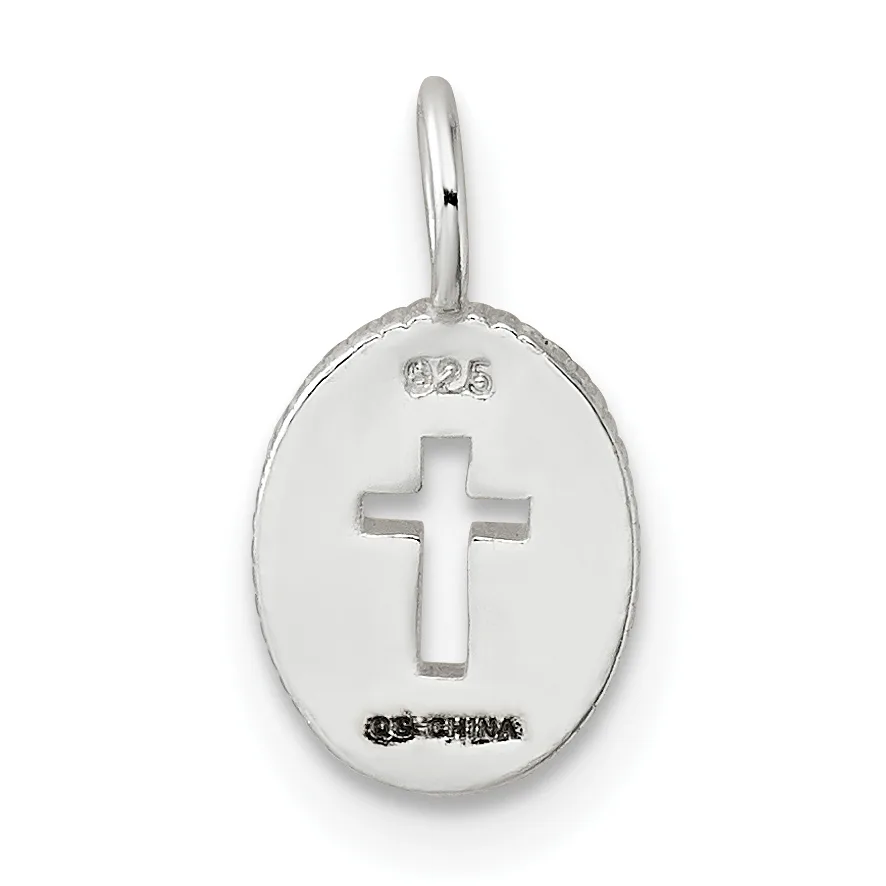 Sterling silver oval pendant with a cutout cross in the center, hanging from a curved bail, shown against a white background.