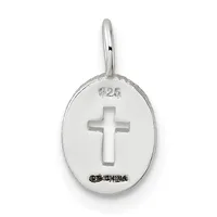 Sterling silver oval pendant with a cutout cross in the center, hanging from a curved bail, shown against a white background.