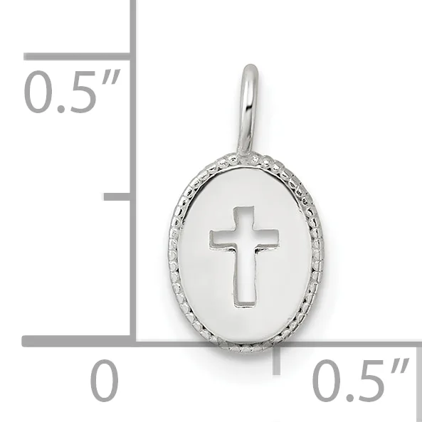 Silver oval pendant with a cutout cross design and textured border, shown with a measurement scale indicating approximately 0.5 inches in height.