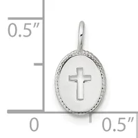 Silver oval pendant with a cutout cross design and textured border, shown with a measurement scale indicating approximately 0.5 inches in height.
