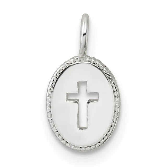 Silver oval pendant with decorative beaded border featuring a cutout cross in the center, suspended from a bail loop.