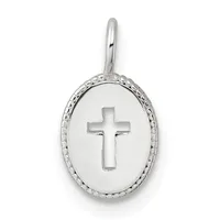Silver oval pendant with decorative beaded border featuring a cutout cross in the center, suspended from a bail loop.
