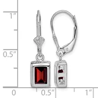 A pair of silver lever-back earrings with rectangular red gemstone drops, shown against a measurement scale indicating approximately one inch in length.