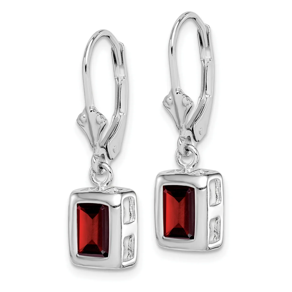 A pair of silver lever-back earrings with rectangular bezels containing deep red faceted gemstones, shown against a white background.