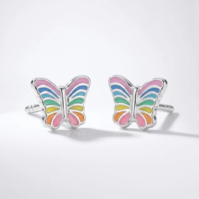 A pair of silver butterfly cufflinks with rainbow-colored enamel wings displayed on a white background.