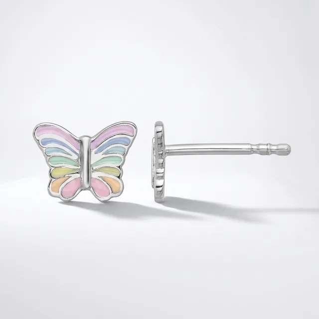 A pair of silver stud earrings with pastel-colored enamel butterfly designs displayed from front and side views.