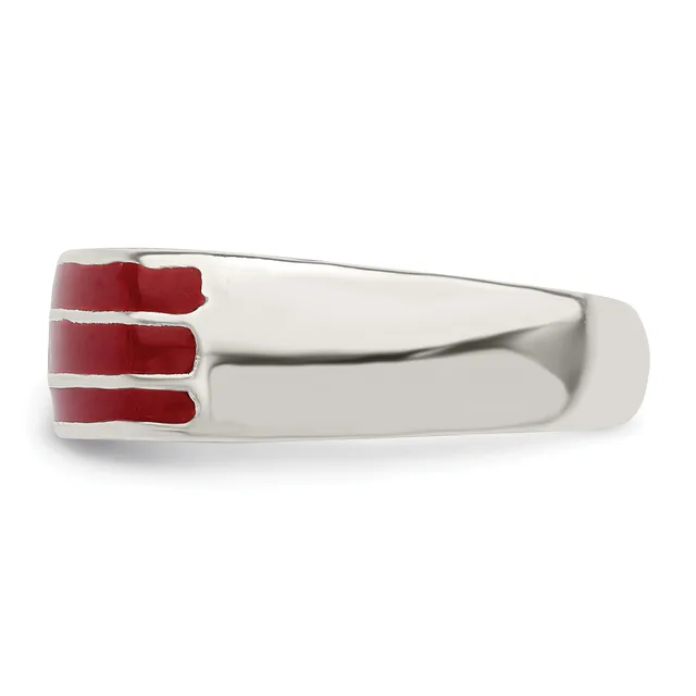 Silver-toned ring with three rectangular red stones or enamel sections set on the left side, shown from above against a white background.