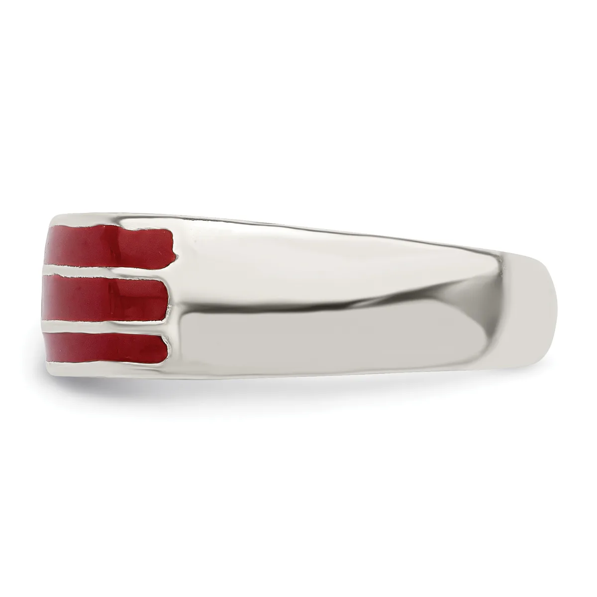 Silver-toned ring with three rectangular red stones or enamel sections set on the left side, shown from above against a white background.