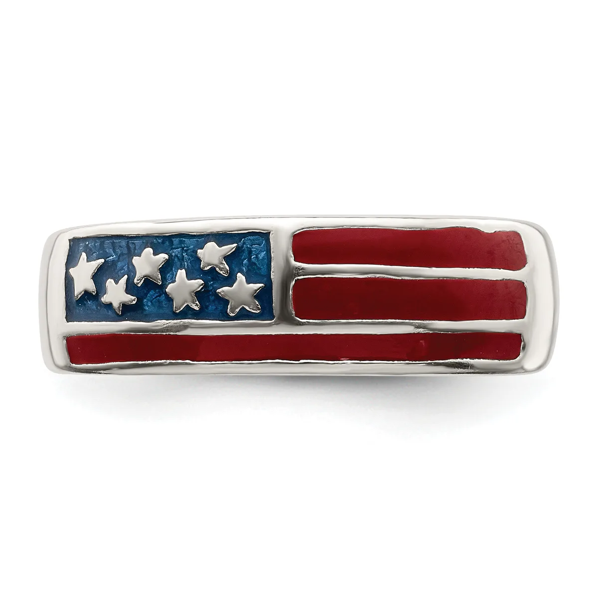 A rectangular silver-toned belt buckle featuring an American flag design with a blue section containing white stars and red and white striped sections.
