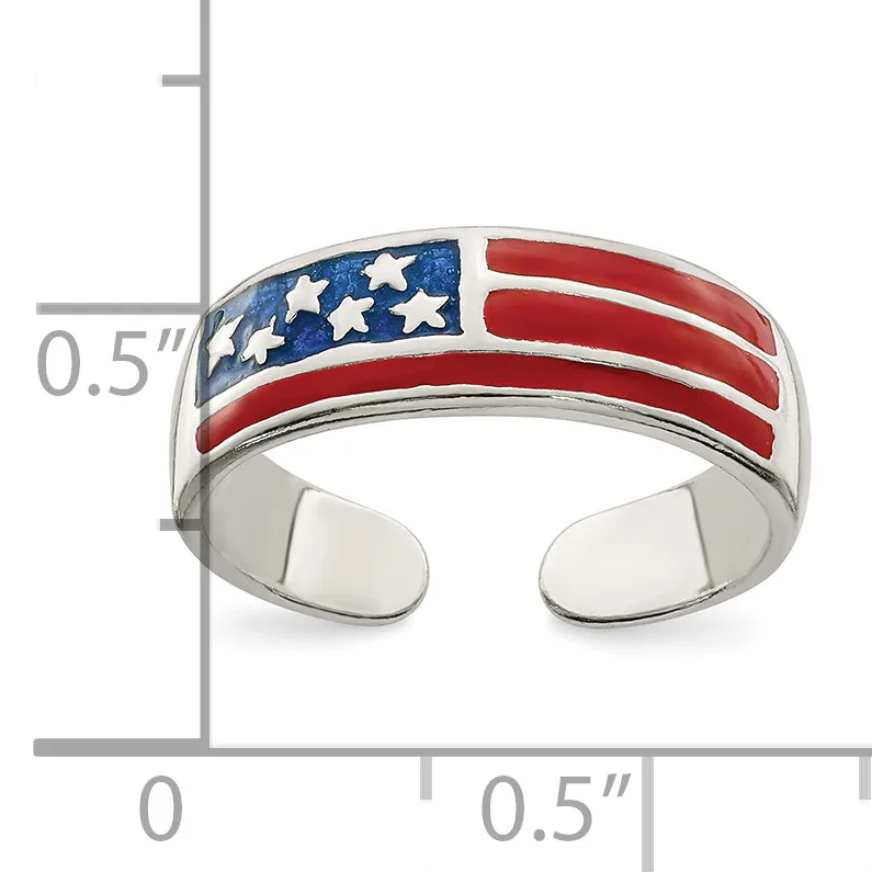 Silver cuff bracelet with American flag design featuring blue section with white stars and red and white striped bands, shown with measurement scale.