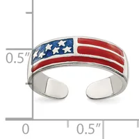 Silver cuff bracelet with American flag design featuring blue section with white stars and red and white striped bands, shown with measurement scale.