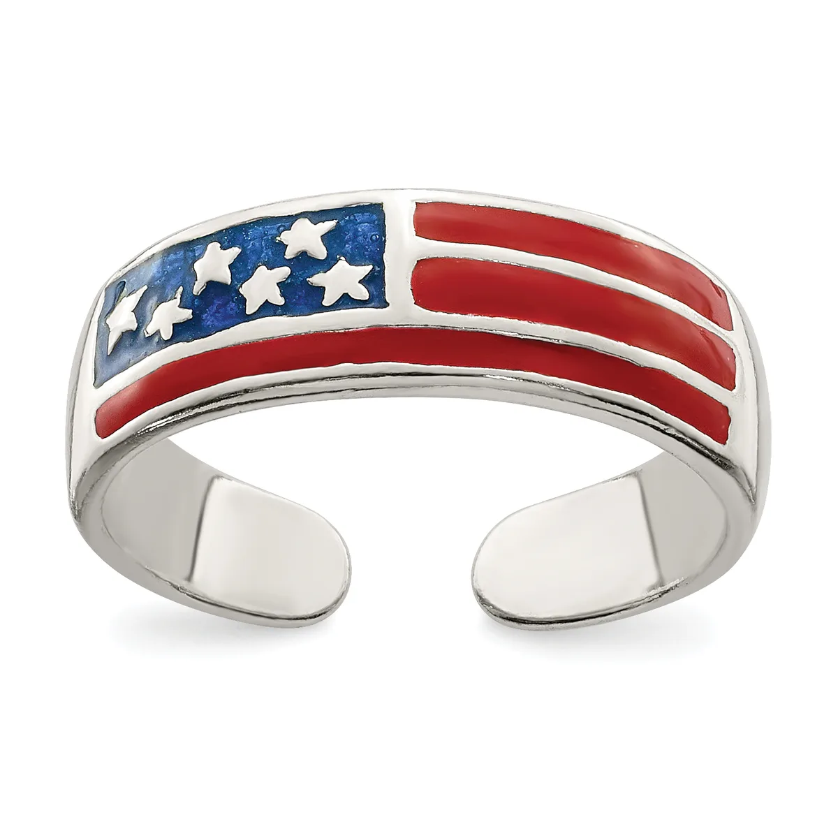 Silver cuff bracelet featuring an enameled American flag design with blue stars and red and white stripes.