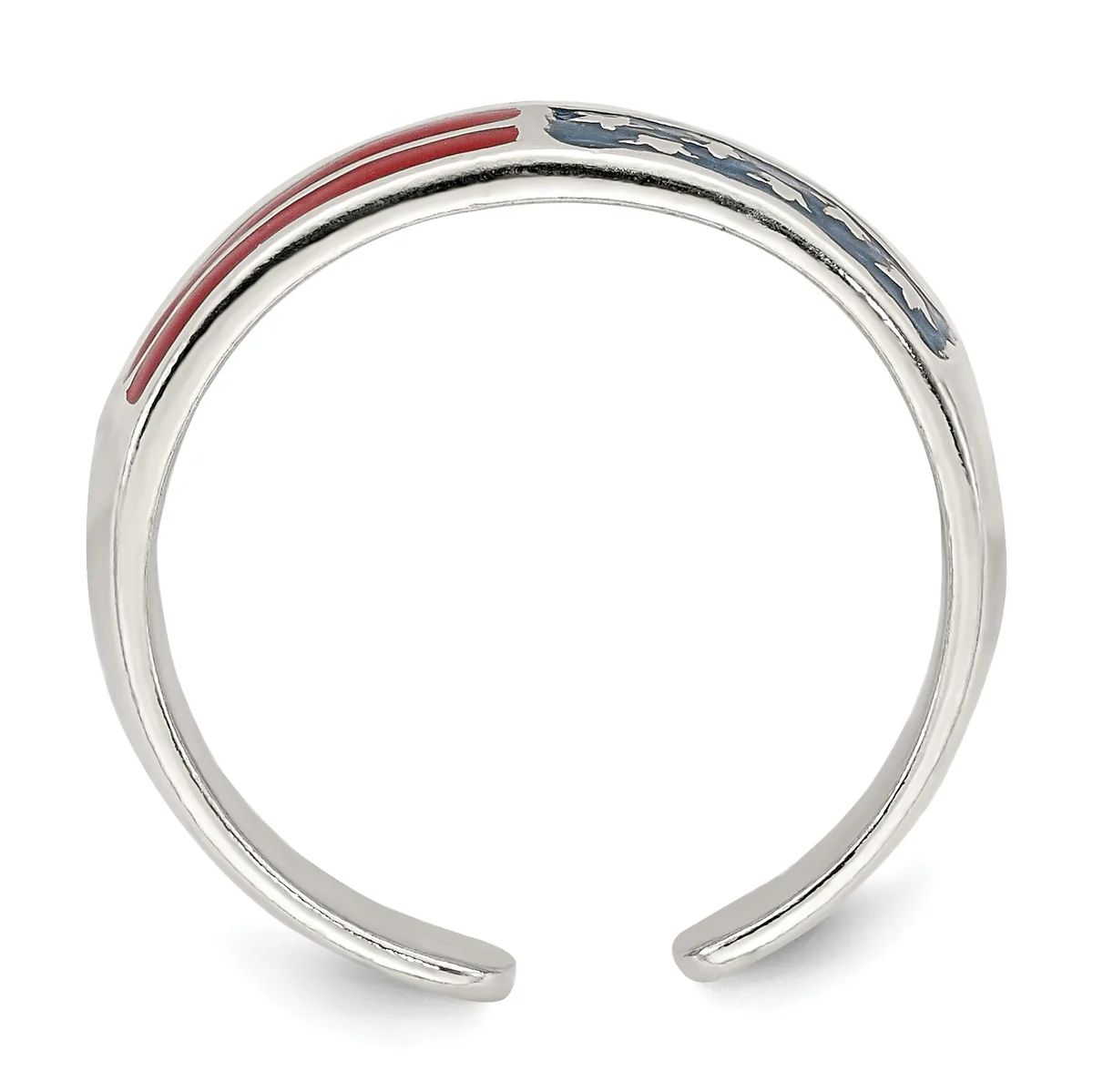 A silver cuff bracelet with red and dark blue enamel stripes across the top, shown open against a white background.