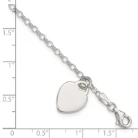 Silver-toned chain bracelet with a polished heart-shaped pendant, shown against a ruler measuring approximately 1.5 inches in length.