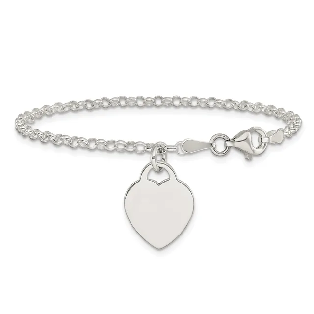 Silver-toned bracelet with a rolo chain link design and a heart-shaped charm pendant hanging from a lobster clasp closure.