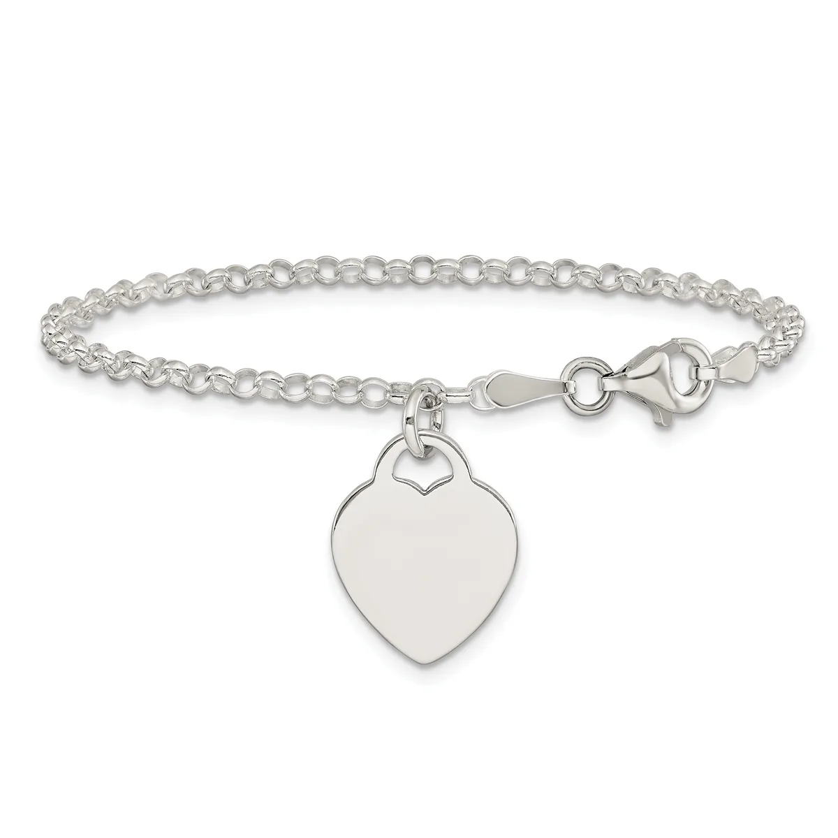 Silver-toned bracelet with a rolo chain link design and a heart-shaped charm pendant hanging from a lobster clasp closure.