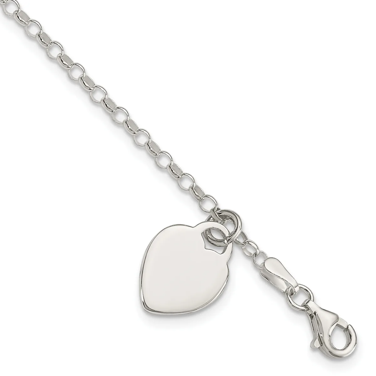Silver chain bracelet with a polished heart-shaped pendant charm and lobster claw clasp.
