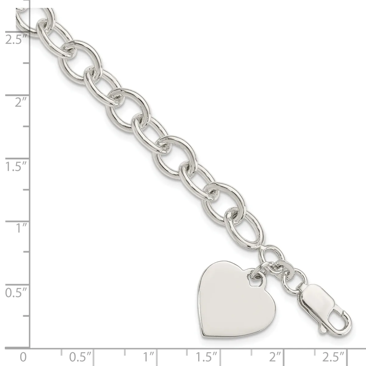 Silver-toned chain bracelet with oval links and a heart charm, displayed against a ruler showing approximately 2.5 inches in length.