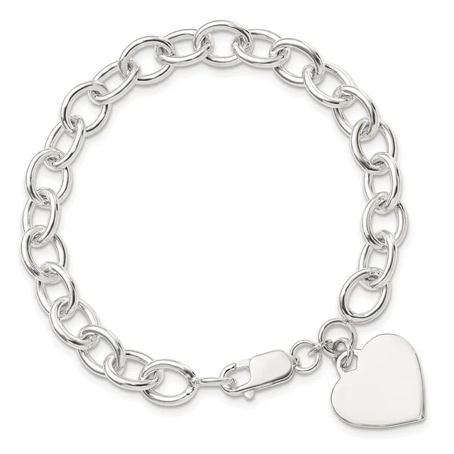 Silver chain bracelet with oval links and a polished heart charm attached by a clasp.