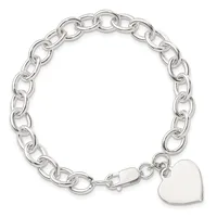 Silver chain bracelet with oval links and a polished heart charm attached by a clasp.