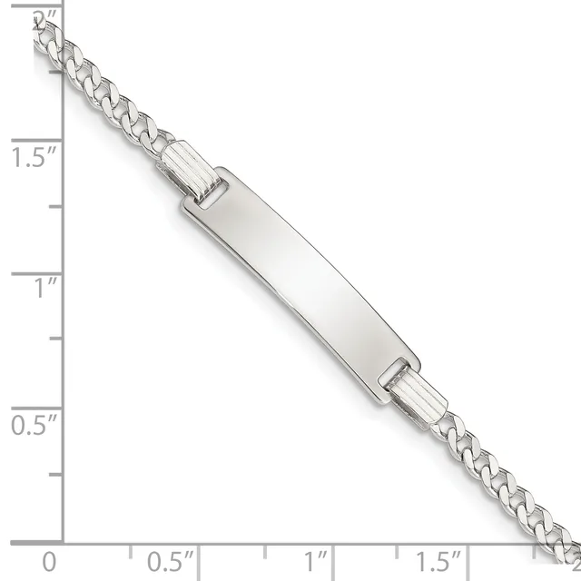 Silver chain bracelet with rectangular polished bar connector, shown at actual size with measurement scale indicating approximately 7 inches total length.