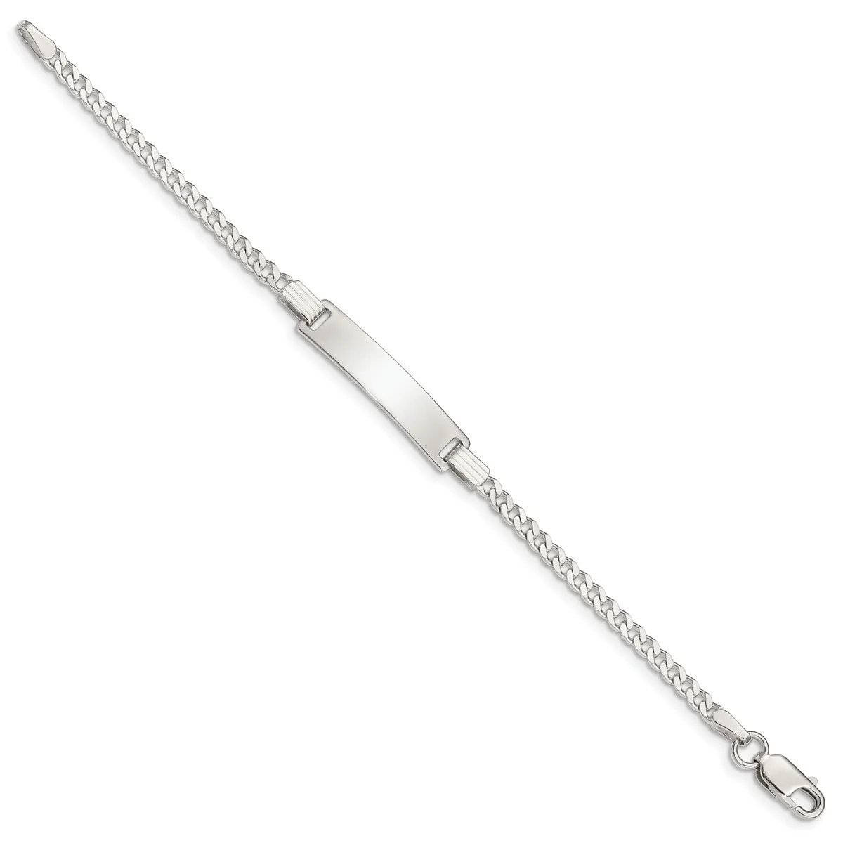 Silver-toned chain bracelet with a rectangular nameplate in the center and a lobster clasp closure at the end.