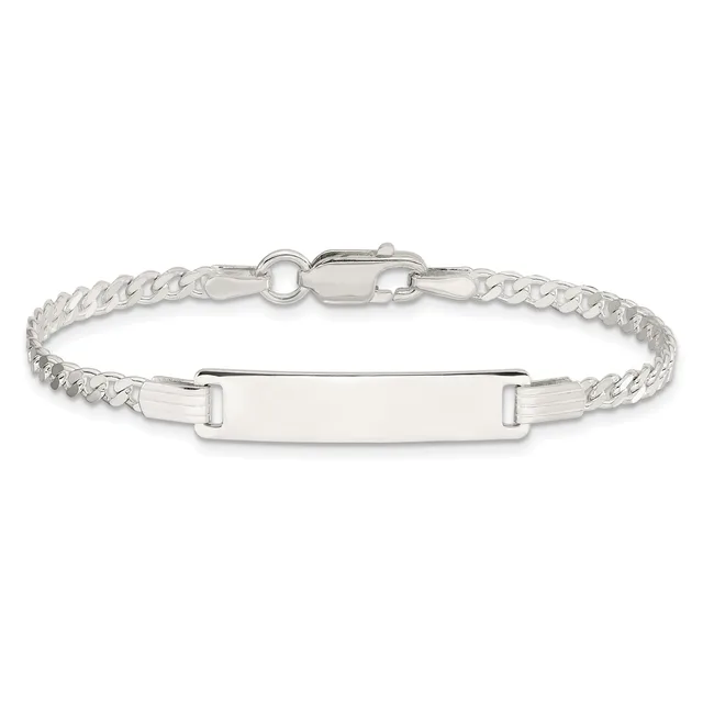 Silver-toned curb chain bracelet with a rectangular nameplate panel and lobster claw clasp, displayed against a white background.