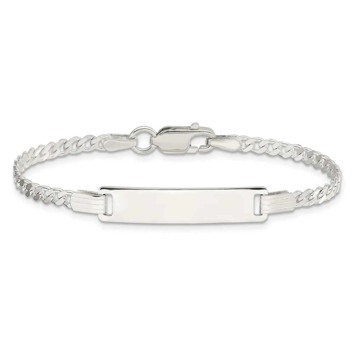 Silver-toned curb chain bracelet with a rectangular nameplate panel and lobster claw clasp, displayed against a white background.