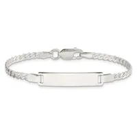 Silver-toned curb chain bracelet with a rectangular nameplate panel and lobster claw clasp, displayed against a white background.