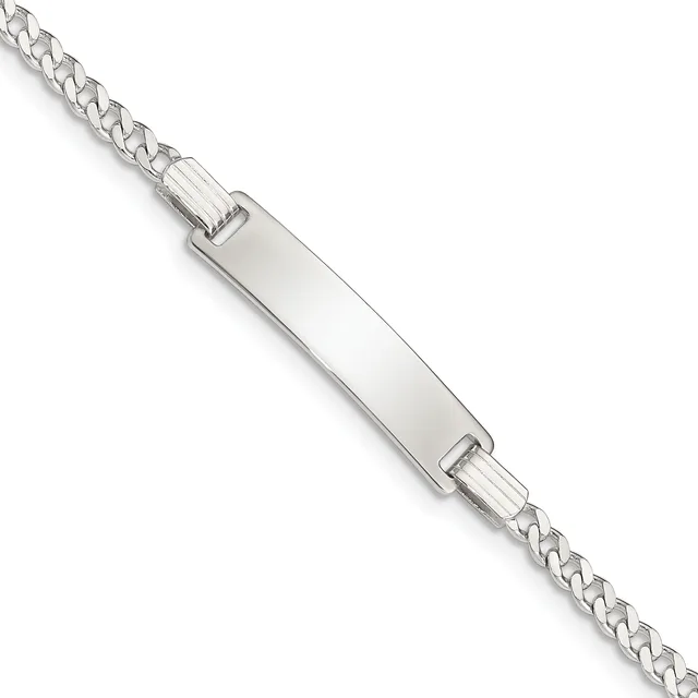 Silver curb chain bracelet with a rectangular polished bar connector across the center, shown at an angle against a white background.