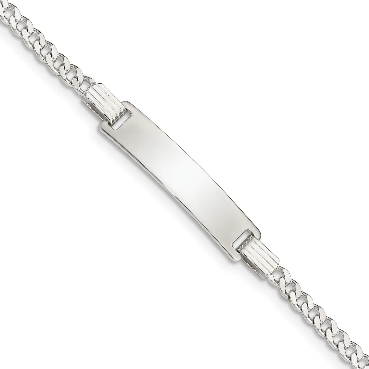 Silver curb chain bracelet with a rectangular polished bar connector across the center, shown at an angle against a white background.