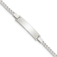 Silver curb chain bracelet with a rectangular polished bar connector across the center, shown at an angle against a white background.