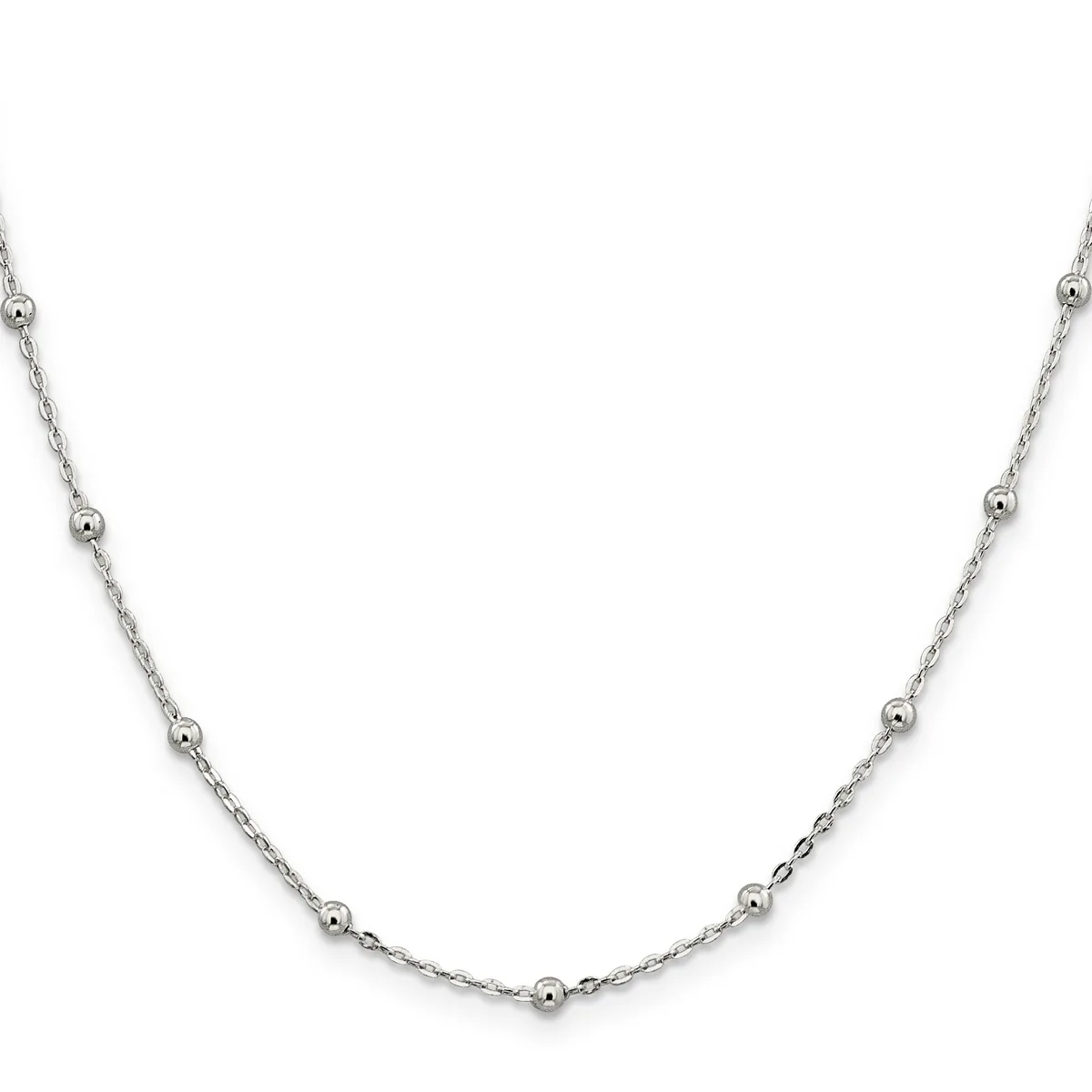 Silver-toned chain necklace with evenly spaced small spherical beads throughout, displayed against a white background.