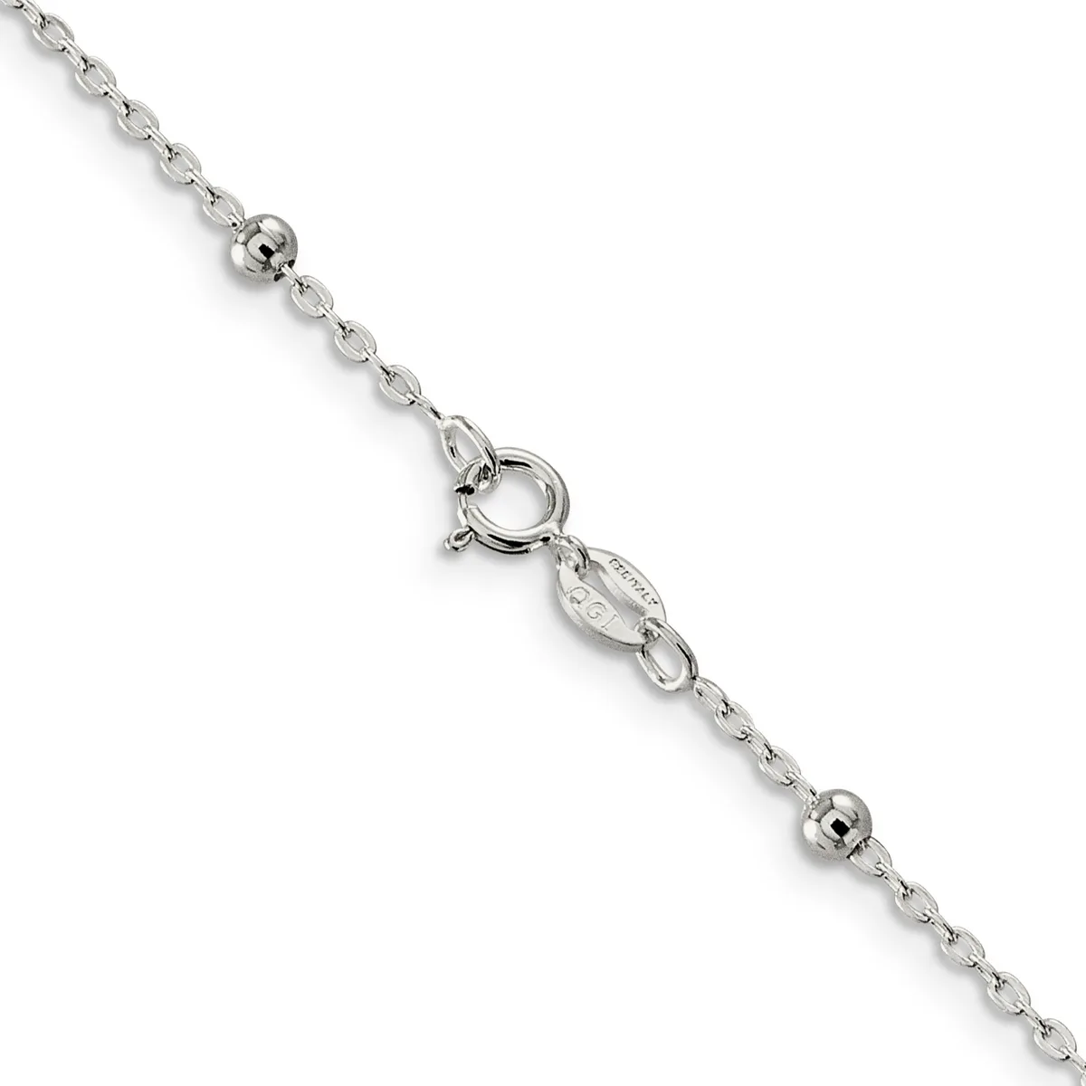 A delicate silver chain bracelet with small spherical beads spaced along its length and a spring ring clasp, displayed diagonally against a white background.