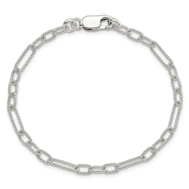 Sterling silver bracelet with a twisted link chain design and a lobster claw clasp, displayed against a white background.