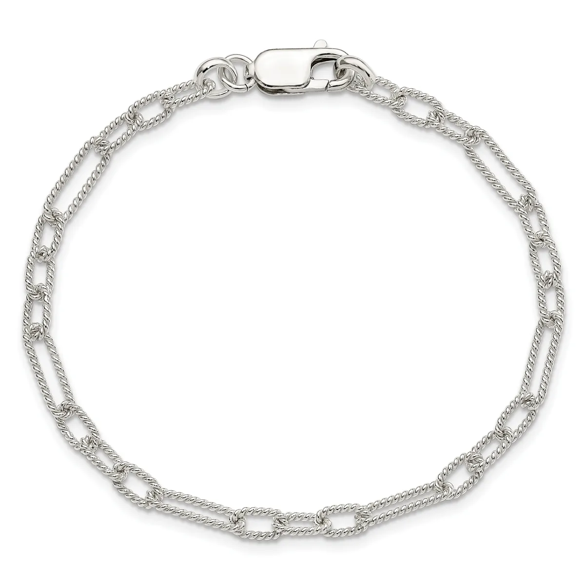 Sterling silver bracelet with a twisted link chain design and a lobster claw clasp, displayed against a white background.