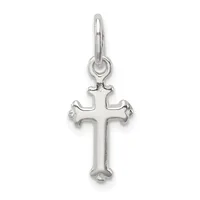 A silver cross pendant with flared ends and a small loop at the top for attachment to a chain.
