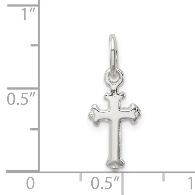 Silver cross pendant with flared ends shown against a measurement scale indicating approximately 0.5 inches wide and 1 inch tall.